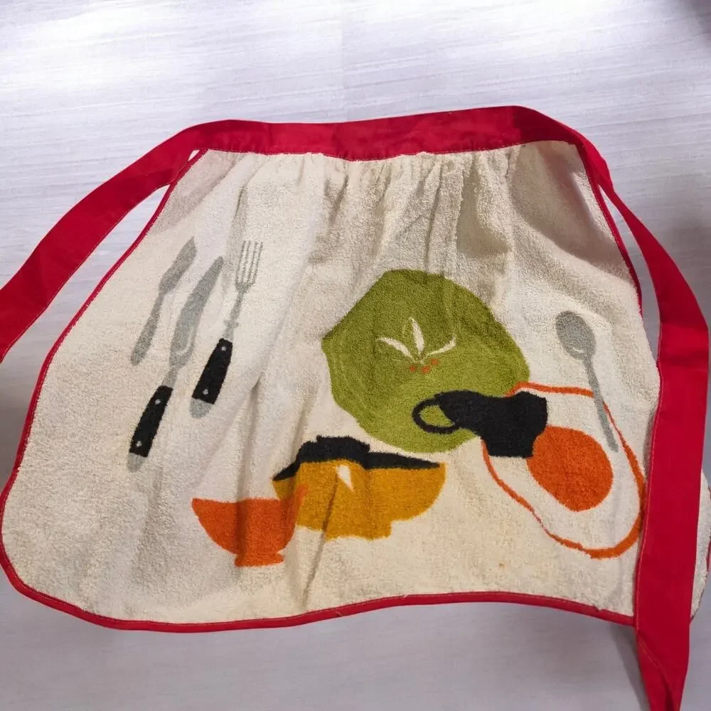 VTG Terry Cloth Towel Half Apron MCM Cooking Kitchen Atomic Blue Green one size